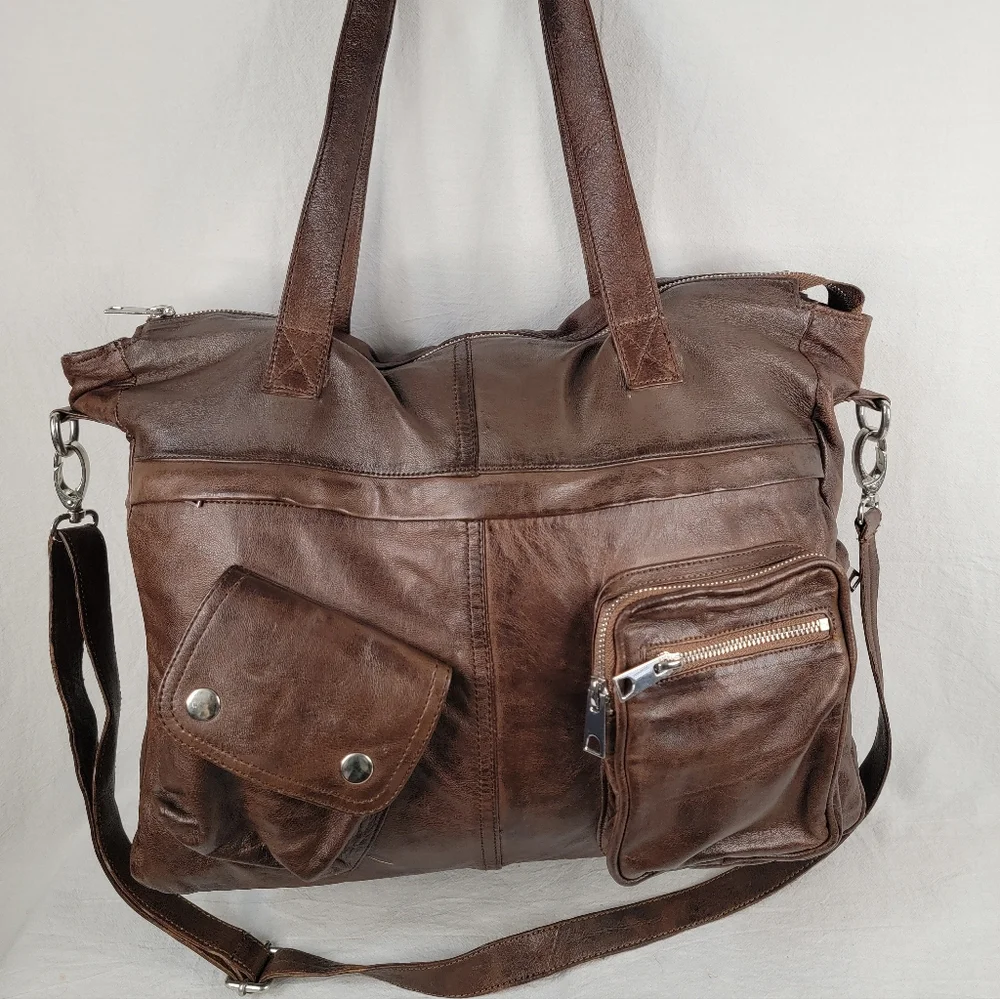 Brampton London Soft Leather Slouchy Utility Tote Bag Oversized Satchel